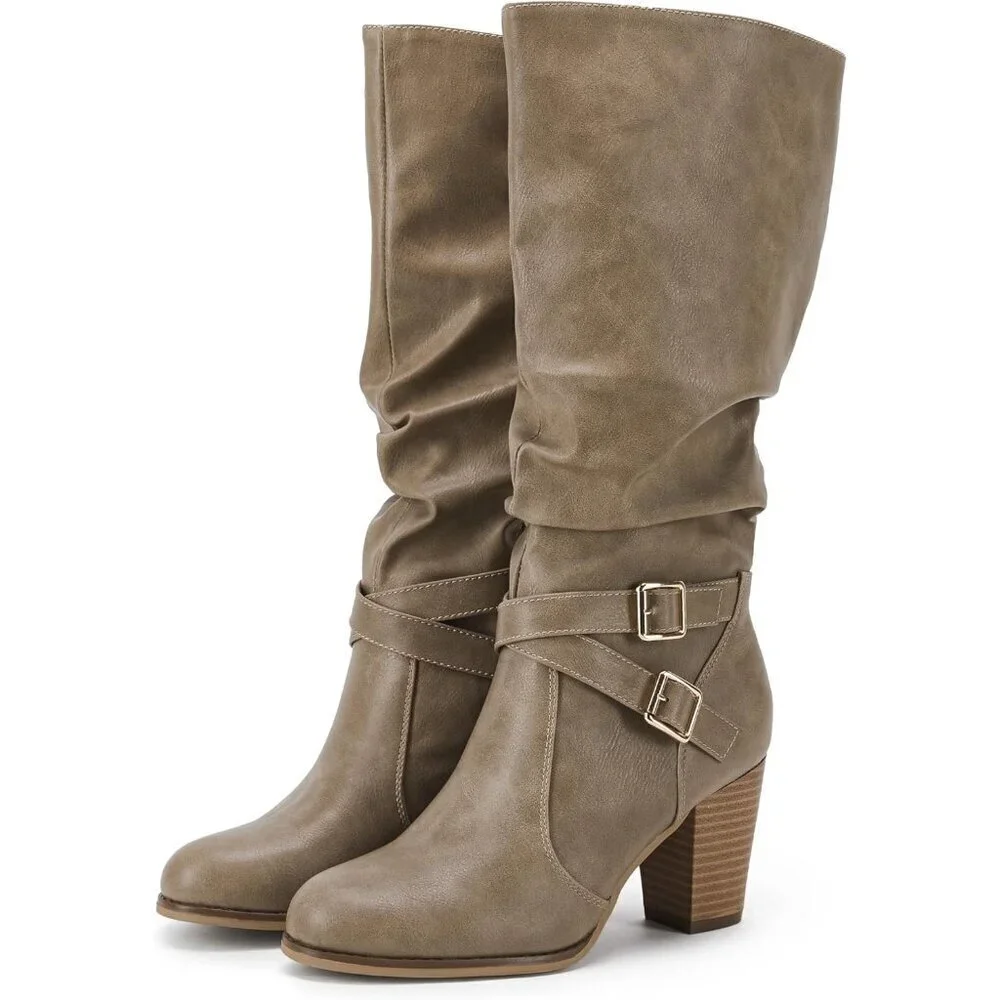 Women Khaki Mid Knee High Boots Chunky Heel Slouchy Metal Buckle Winter Shoes
